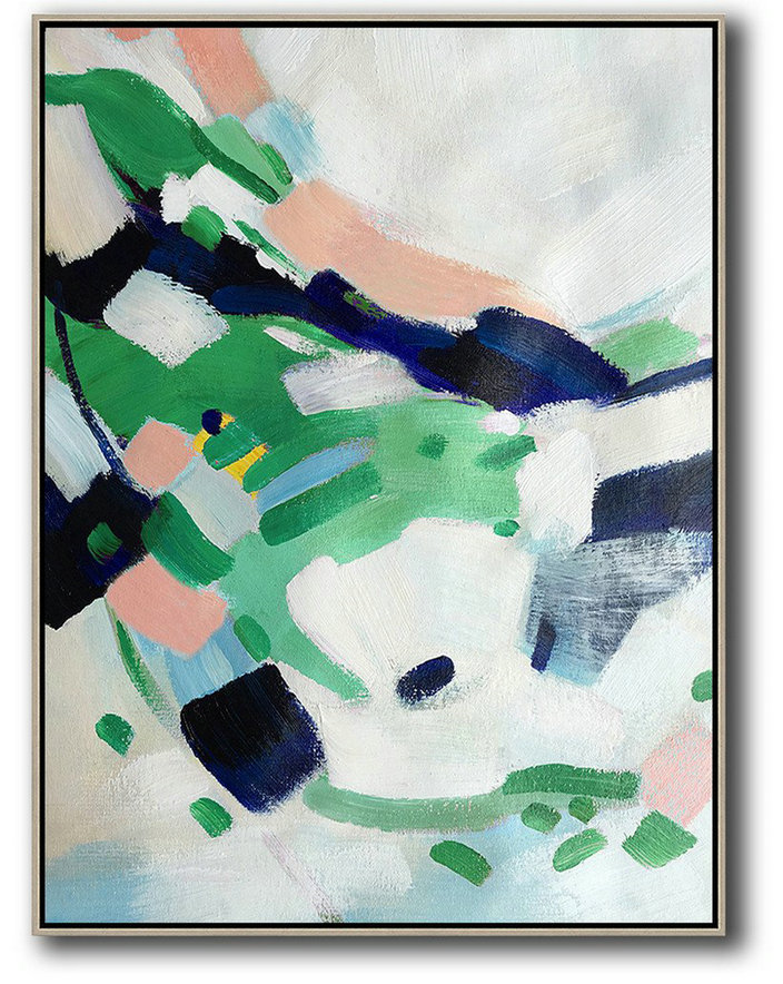 Vertical Palette Knife Contemporary Art,Abstract Painting Modern Art,White,Green,Dark Blue